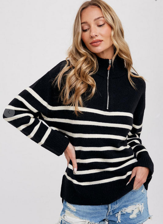 Black White Striped Half Zip Sweater