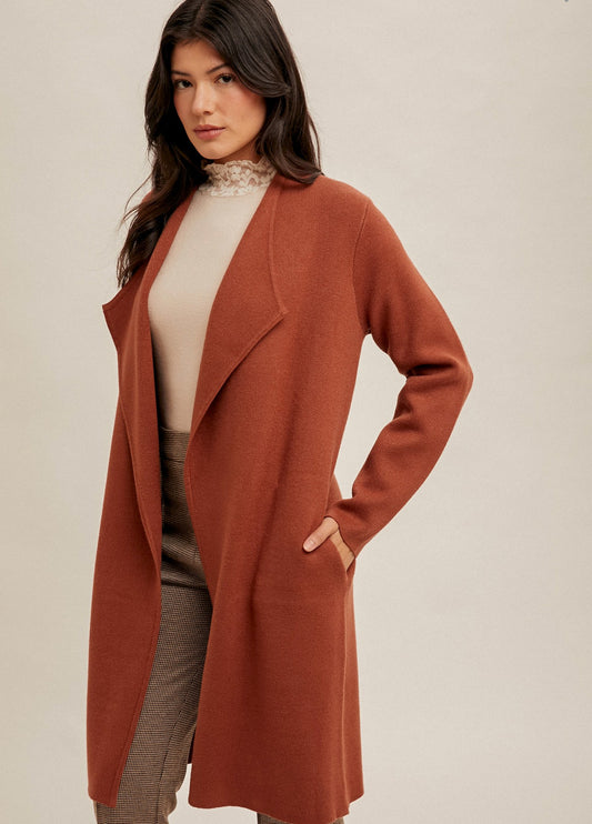 Brick Clay Red Drape Front Cardigan