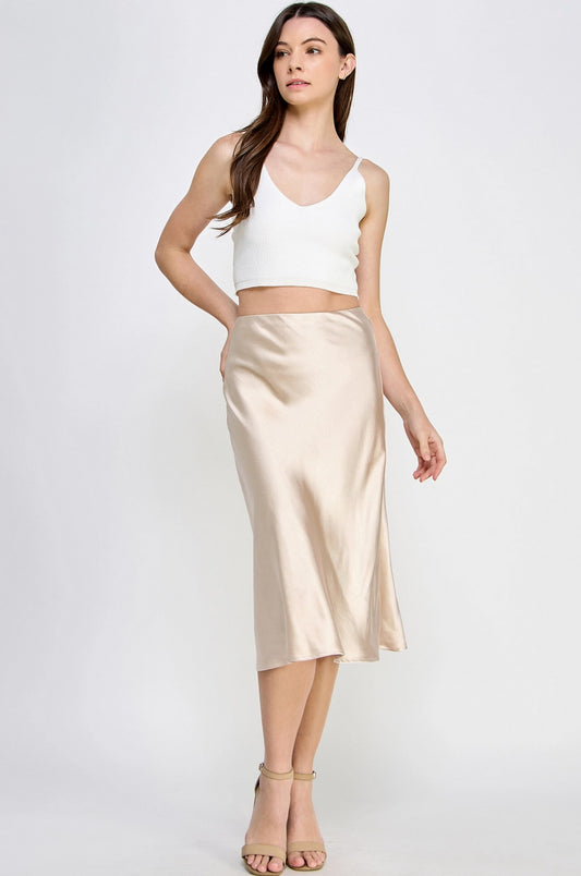 Champagne Satin Midi Skirt