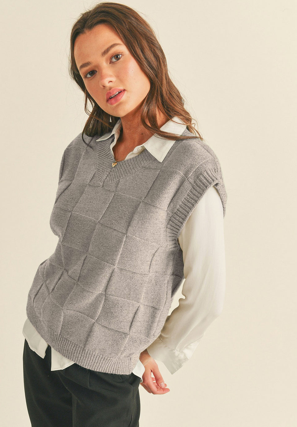 Gray Checkered Texture Knit Vest