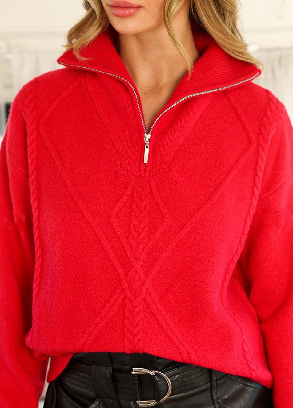 Cherry Red Textured Knit Half Zip