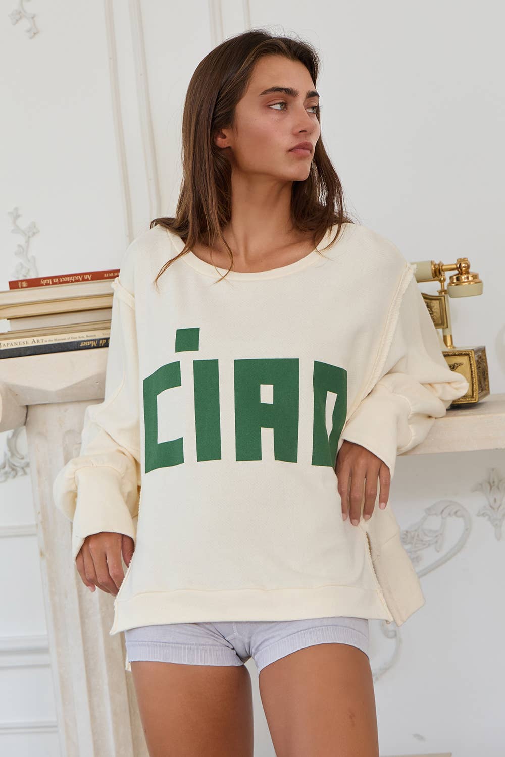 'CIAO' Raw Edge Detail Hi-Low Hem Crewneck