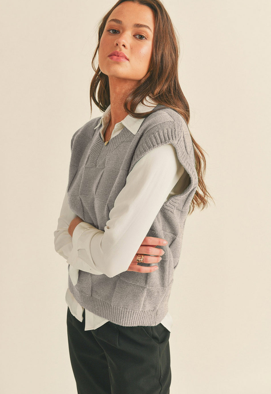 Gray Checkered Texture Knit Vest