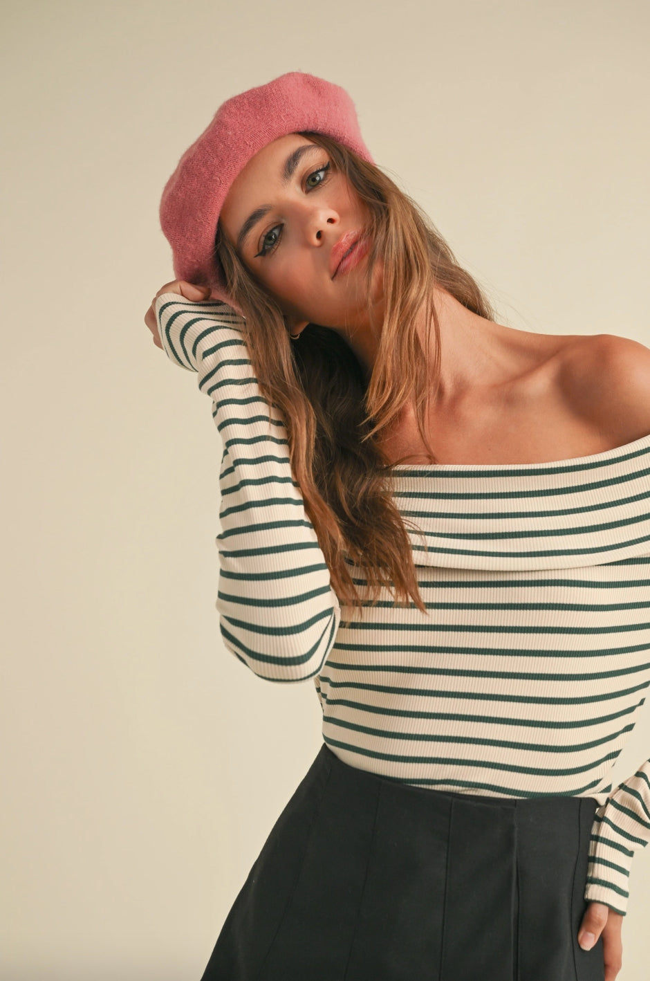 Ribbed Green Stripe Off Shoulder