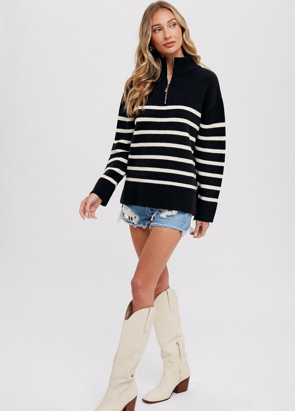 Black White Striped Half Zip Sweater