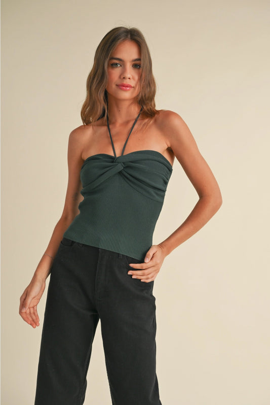 Hunter Green Twist Front Knit Top