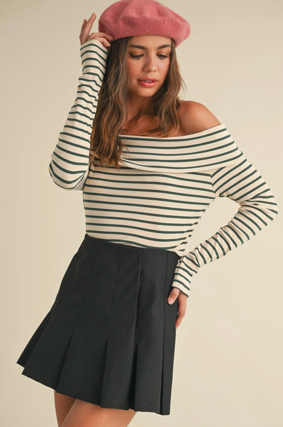 Ribbed Green Stripe Off Shoulder