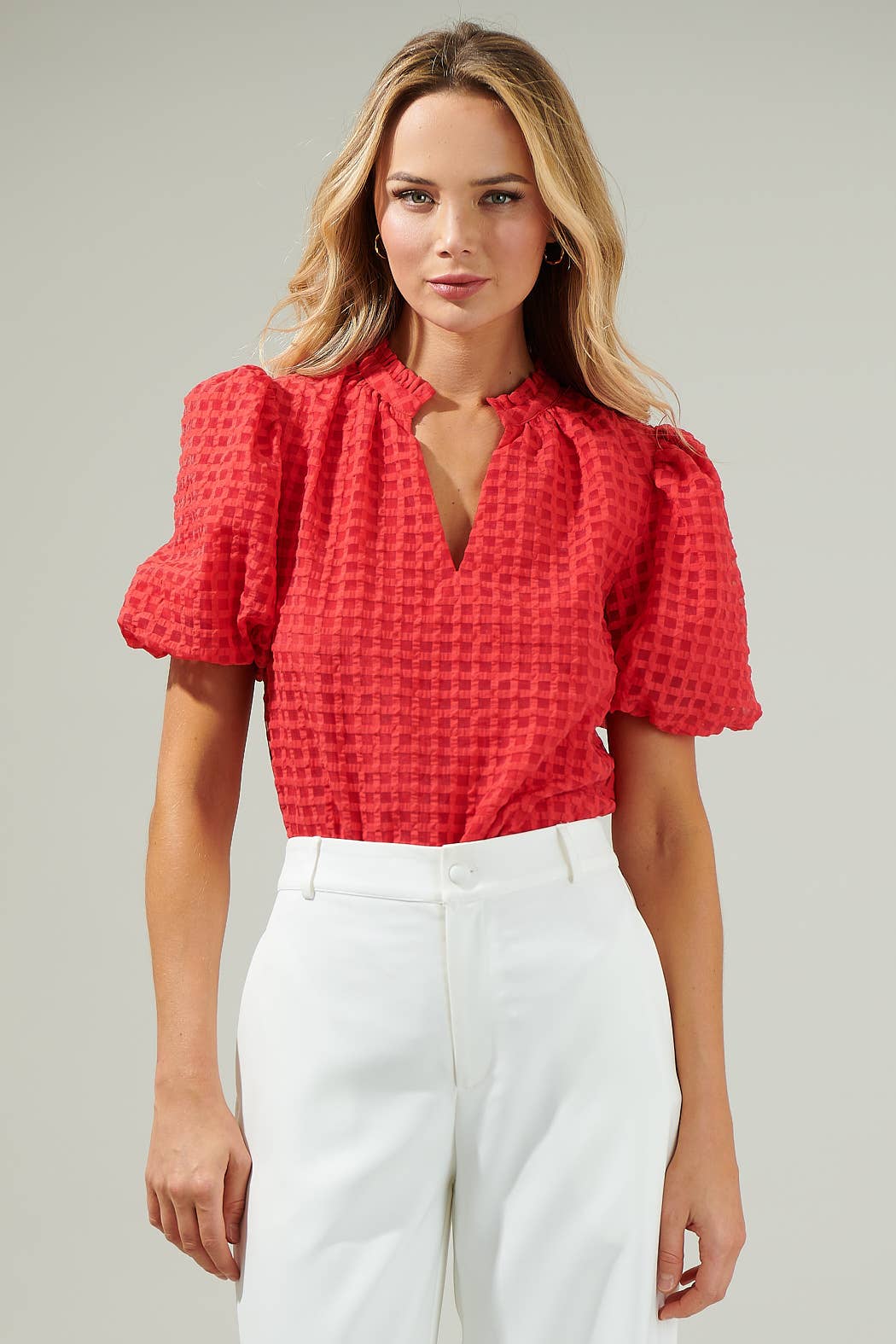 Fire Red Organza Check Ruffle Blouse