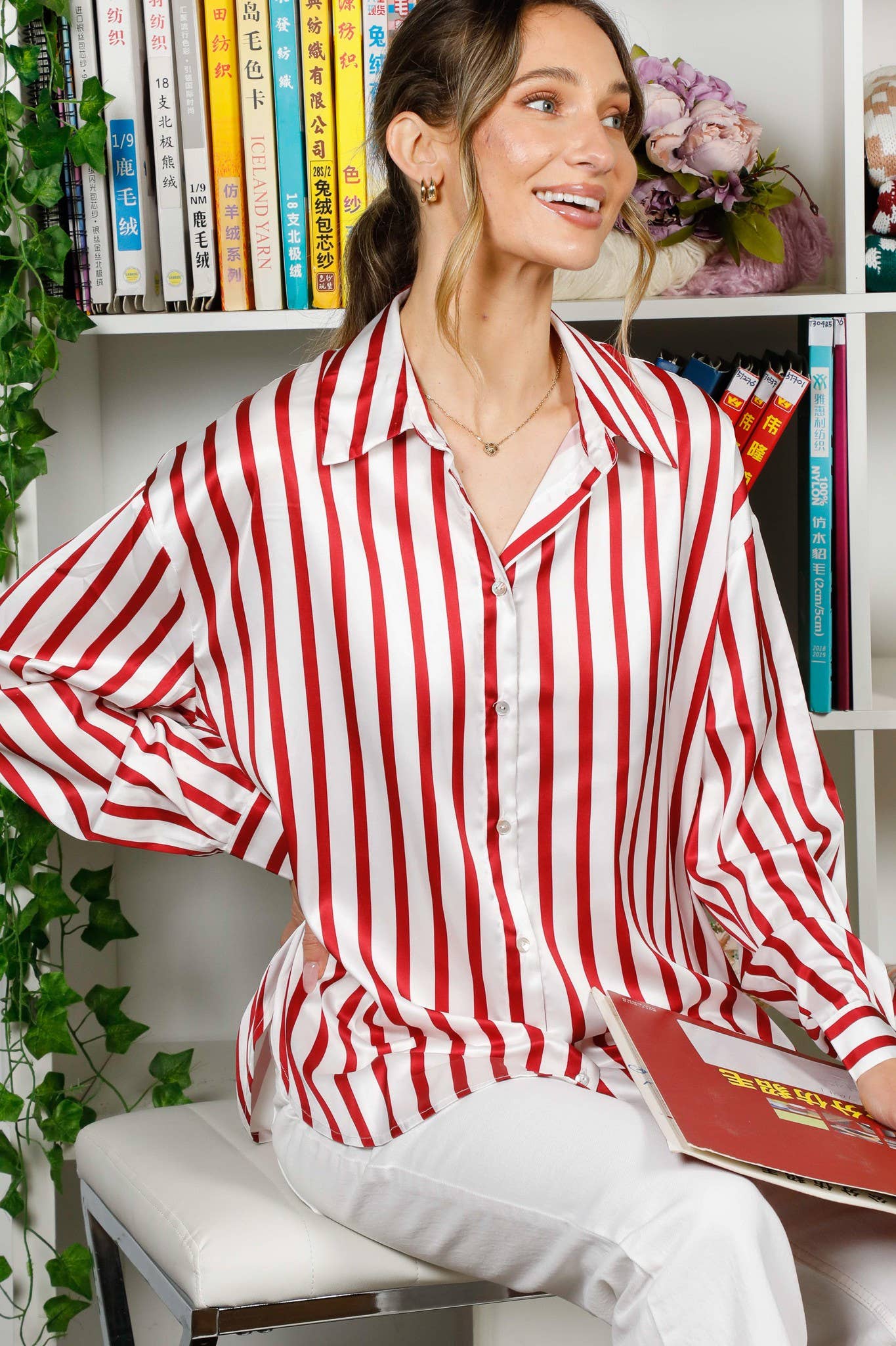 Crimson n Cream Button Up Top