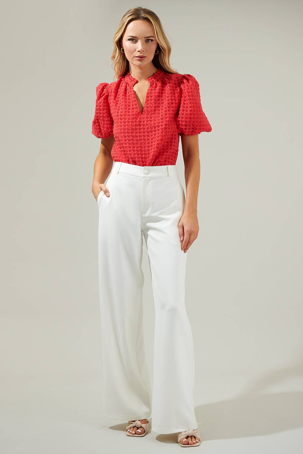 Fire Red Organza Check Ruffle Blouse