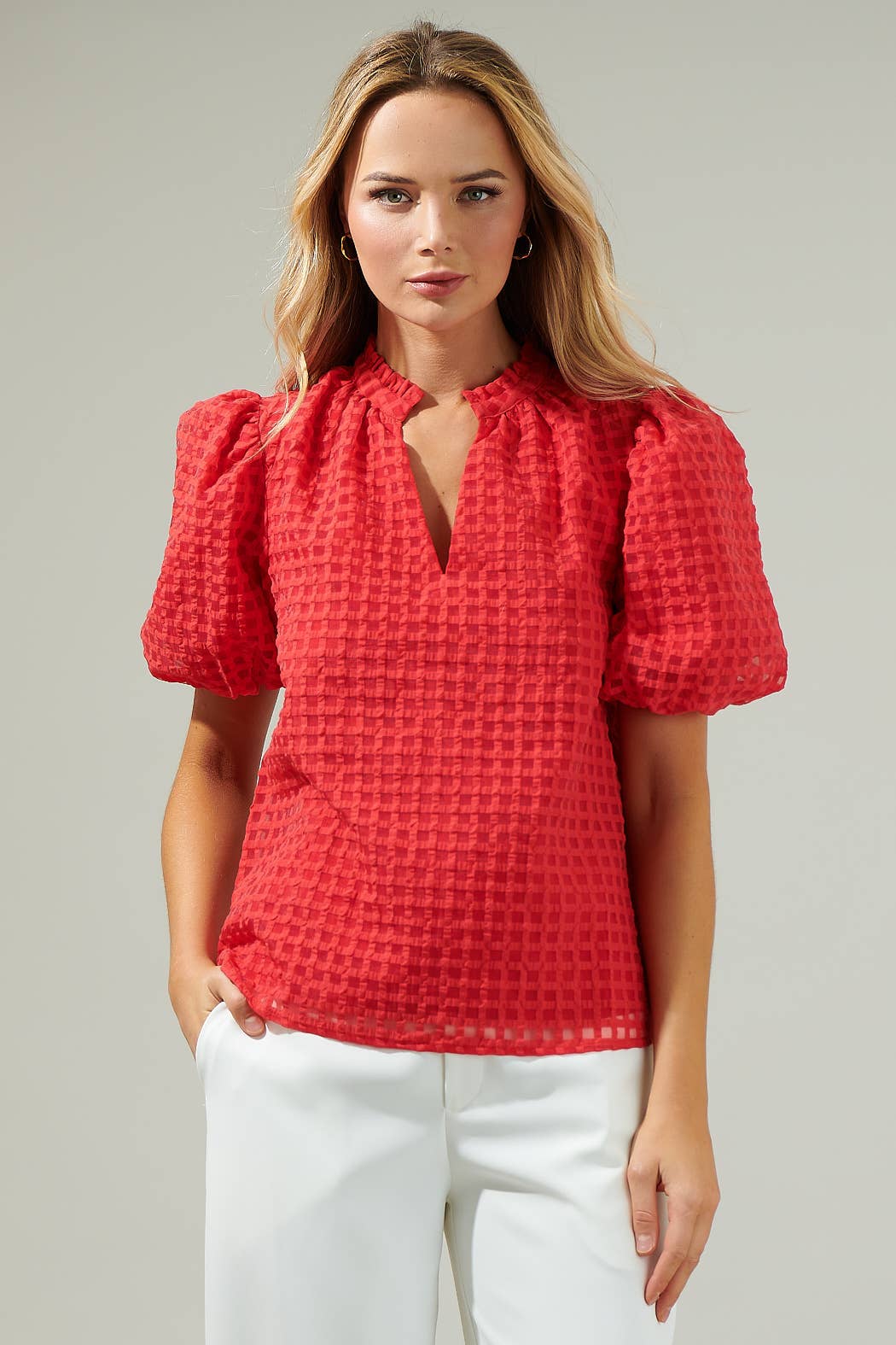 Fire Red Organza Check Ruffle Blouse