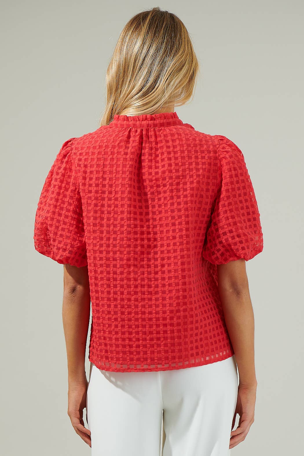 Fire Red Organza Check Ruffle Blouse