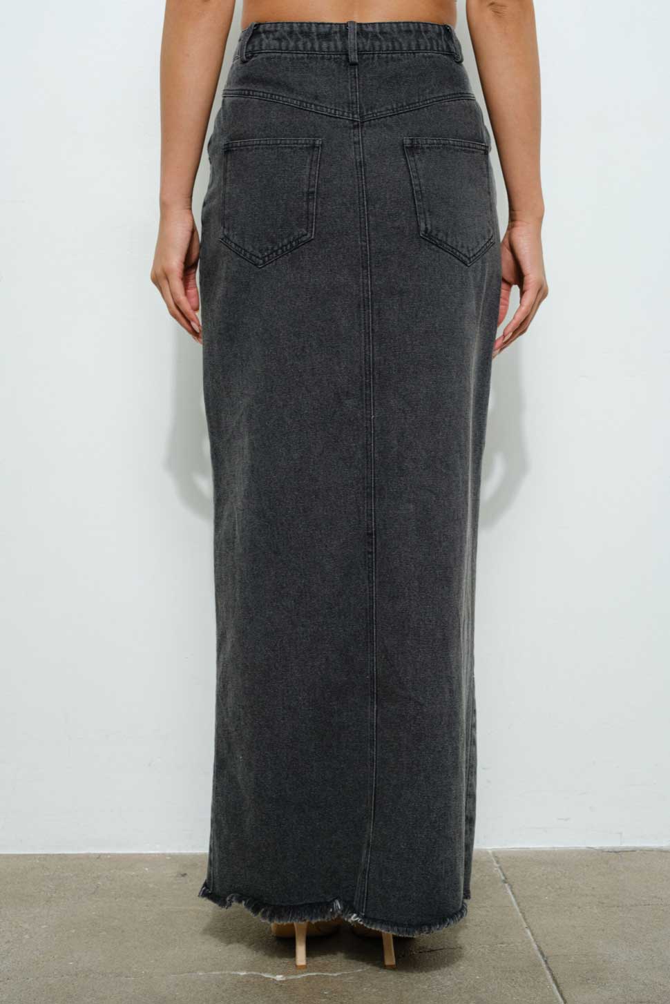 Vintage Wash Denim Split Front Maxi Skirt