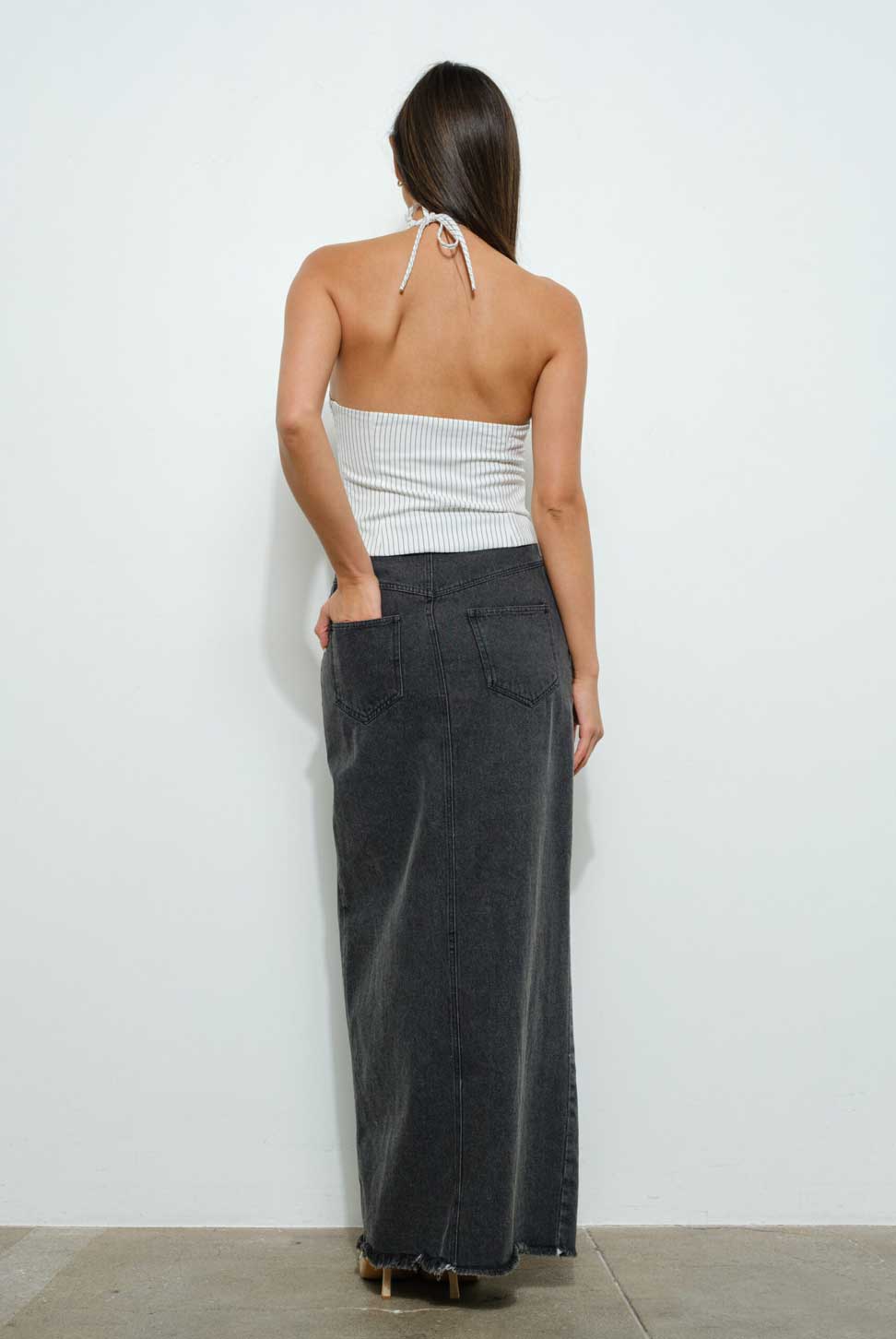 Vintage Wash Denim Split Front Maxi Skirt