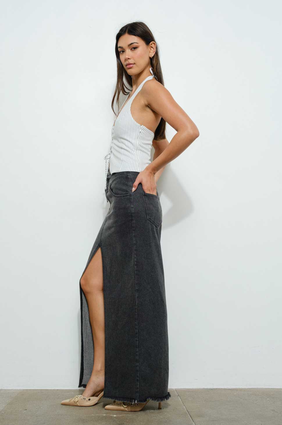 Vintage Wash Denim Split Front Maxi Skirt