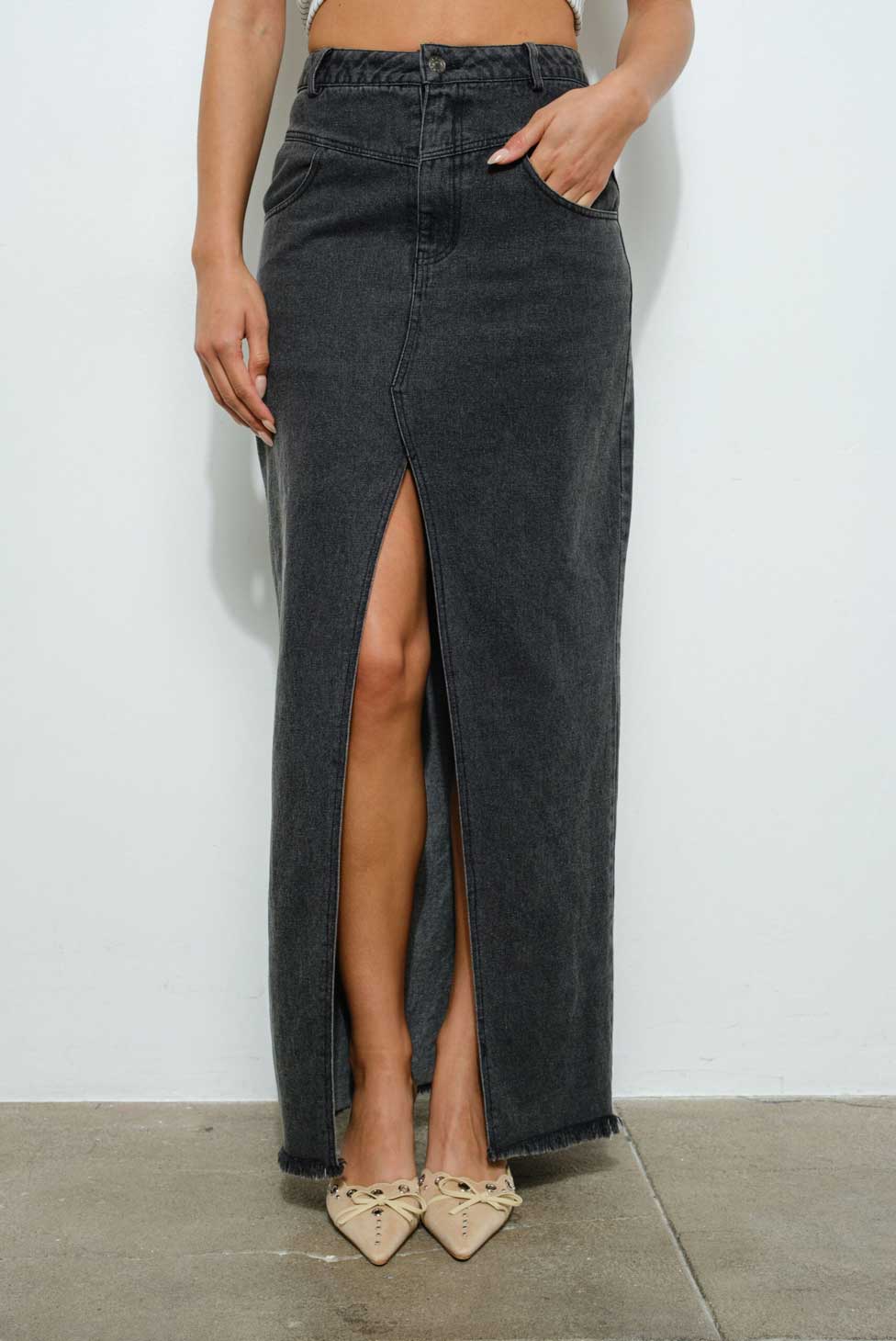 Vintage Wash Denim Split Front Maxi Skirt