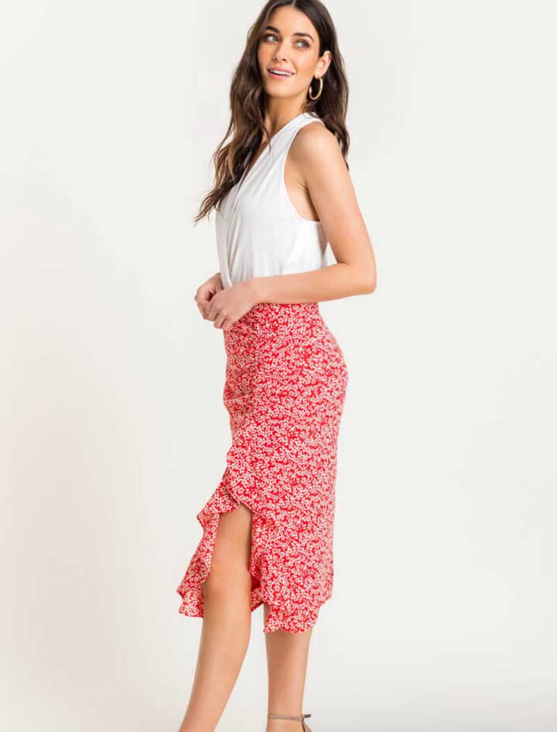 White ruffle on sale floral midi skirt